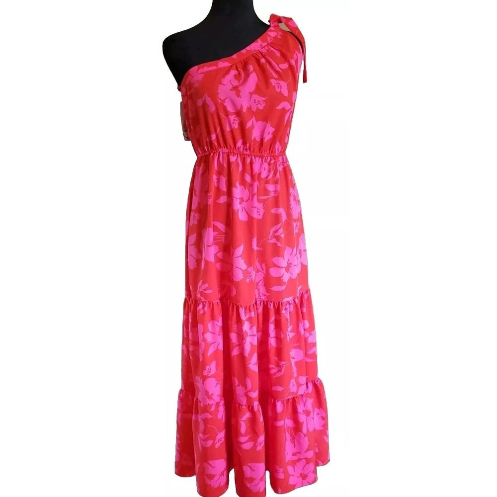 PRETTY GARDEN Small Women's Floral Maxi Knot One Shoulder Ruffle Hem Boho Dress
